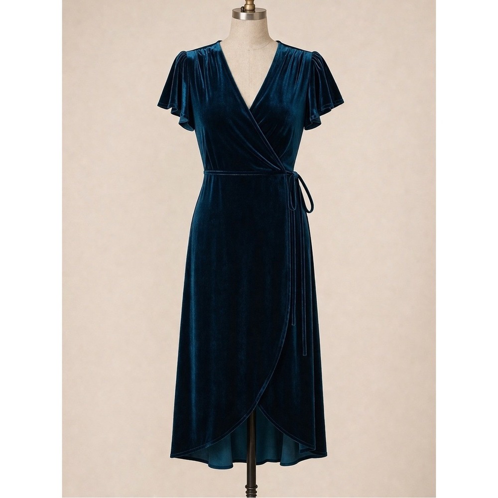 BHLDN Thrive Velvet Midi Wrap Dress M Teal Wedding Bridesmaid Evening Party